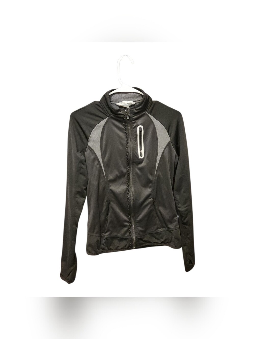 Athleta Full Zip Prevail Running‎ Jacket  Small Black Ruffles Thumbholes Frilly